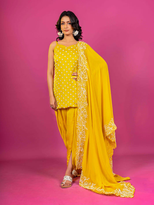 YELLOW SATIN HAND EMBROIDERED KURTA DHOTI PANTS EITH HAND EMBROIDERED DUPATTA (SET OF 3)