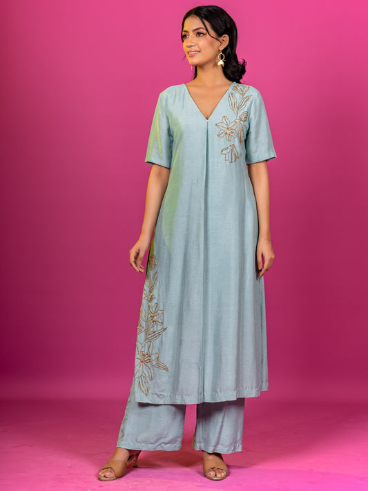 SKEY BLUE HAND EMBROIDERED KURTA CO-ORD SET (SET OF 2)