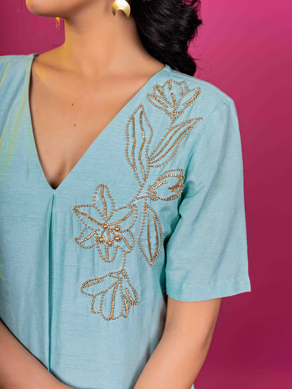 SKEY BLUE HAND EMBROIDERED KURTA CO-ORD SET (SET OF 2)