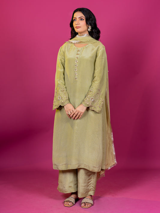 GREEN TISSUE HAND EMBROIDERED KURTA SET WITH DUPATTA (SET OF 3)