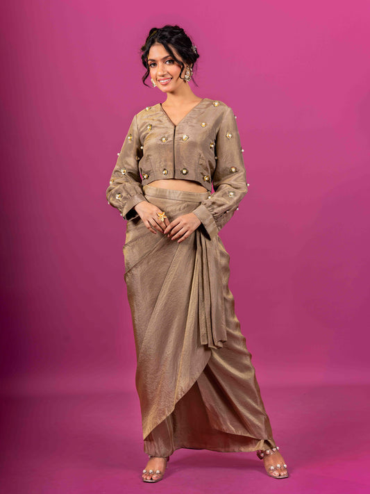 BROWN TISSUE HAND EMBROIDERED DRAPED SKIRT SET (SET OF 2)