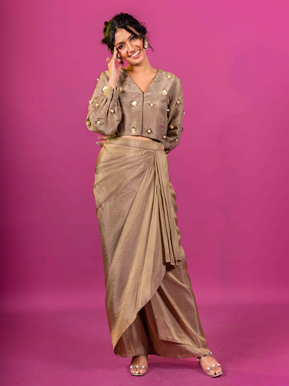 BROWN TISSUE HAND EMBROIDERED DRAPED SKIRT SET (SET OF 2)