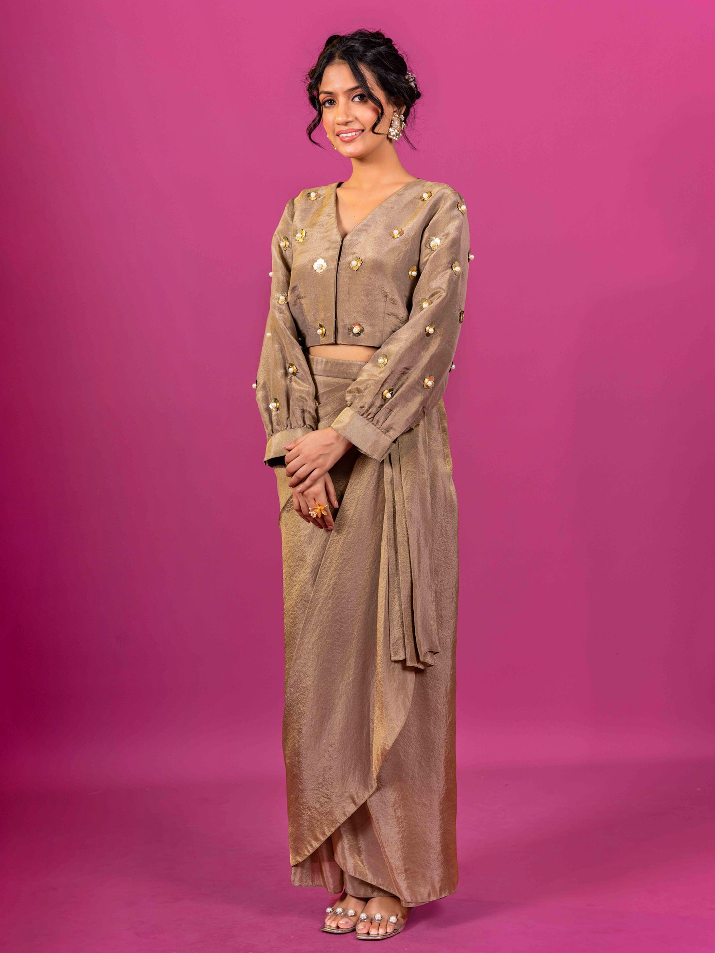 BROWN TISSUE HAND EMBROIDERED DRAPED SKIRT SET (SET OF 2)