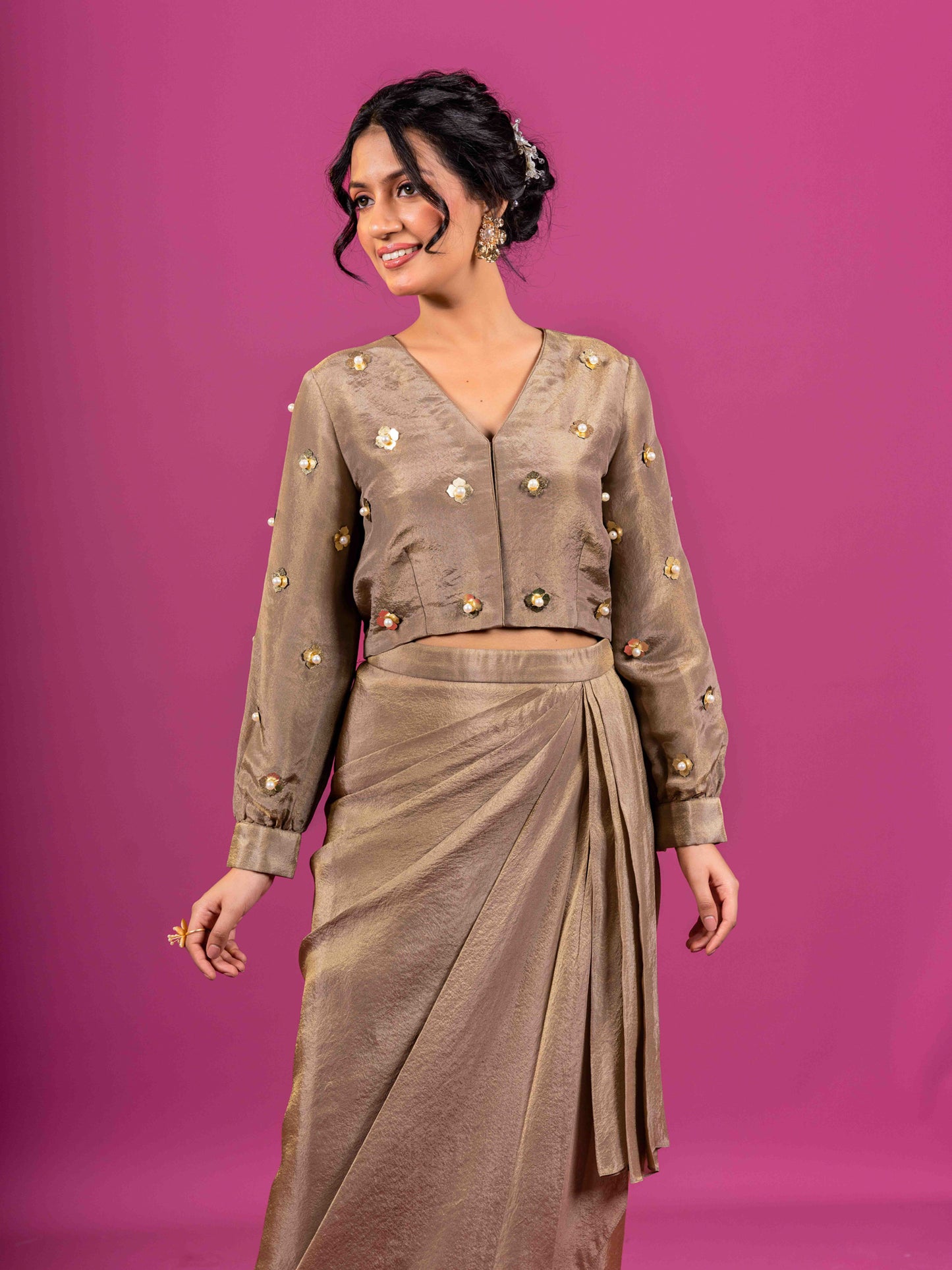 BROWN TISSUE HAND EMBROIDERED DRAPED SKIRT SET (SET OF 2)