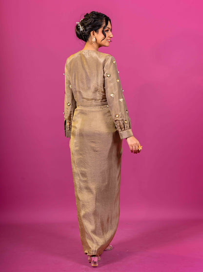 BROWN TISSUE HAND EMBROIDERED DRAPED SKIRT SET (SET OF 2)