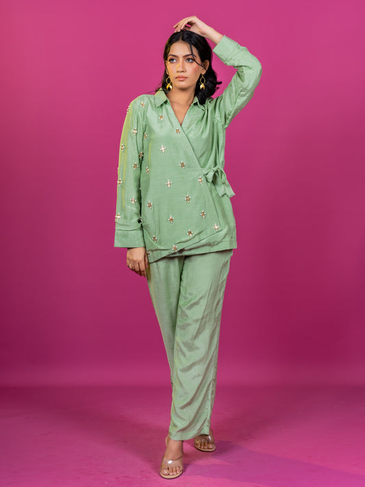 GREEN MUSLIN HAND EMBROIDERED CO-ORD SET (SET OF 2)
