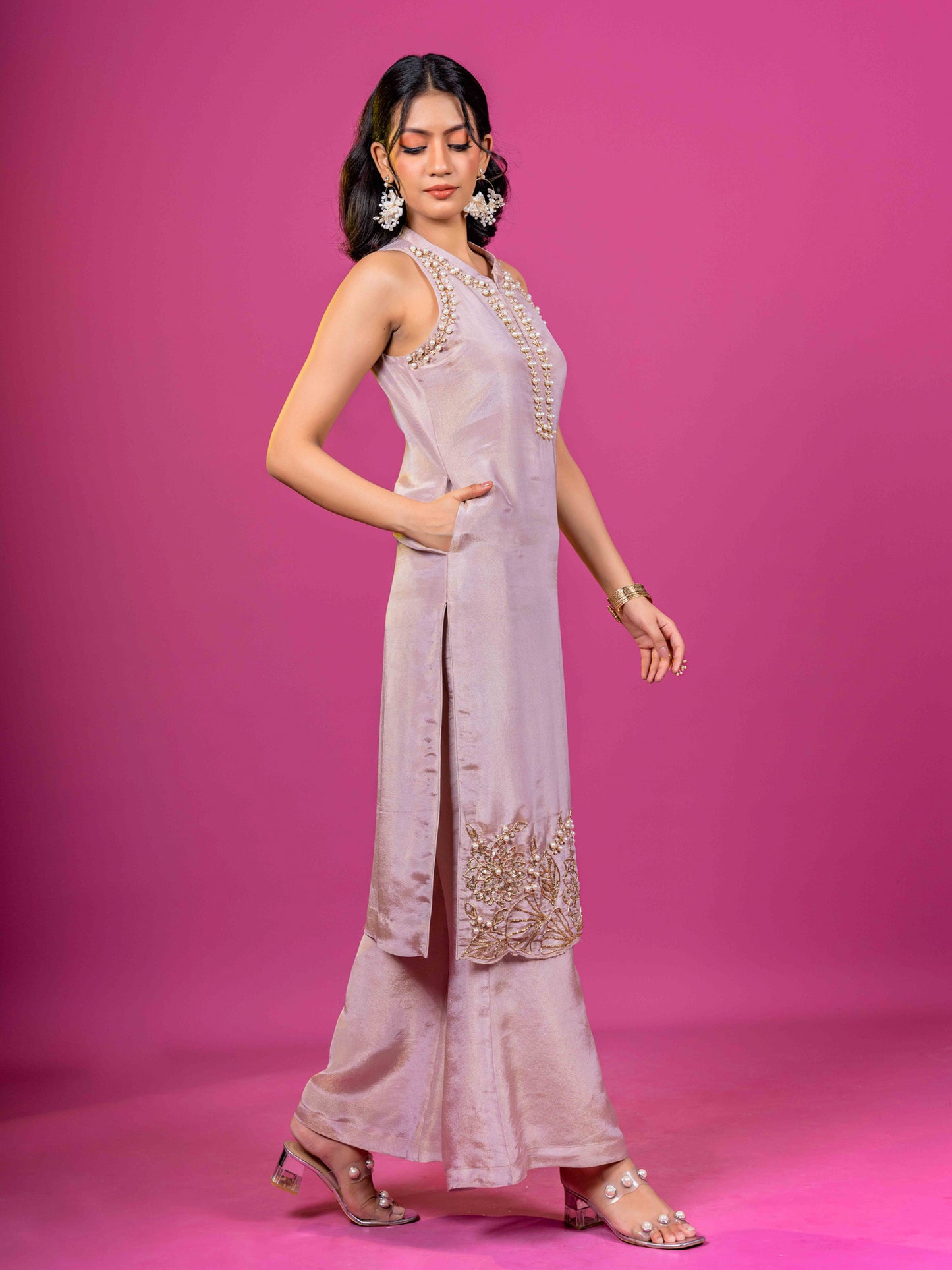 LAVENDER TISSUE HAND EMBROIDERED HALTER NECK KURTA CO-ORD SET (SET OF 2)