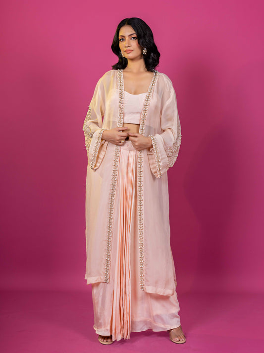 PEACH  EMBROIDERED ORGANZA SHRUG WITH MUSLIN DRAPPED SKIRT CO-ORD SET (SET OF 3)