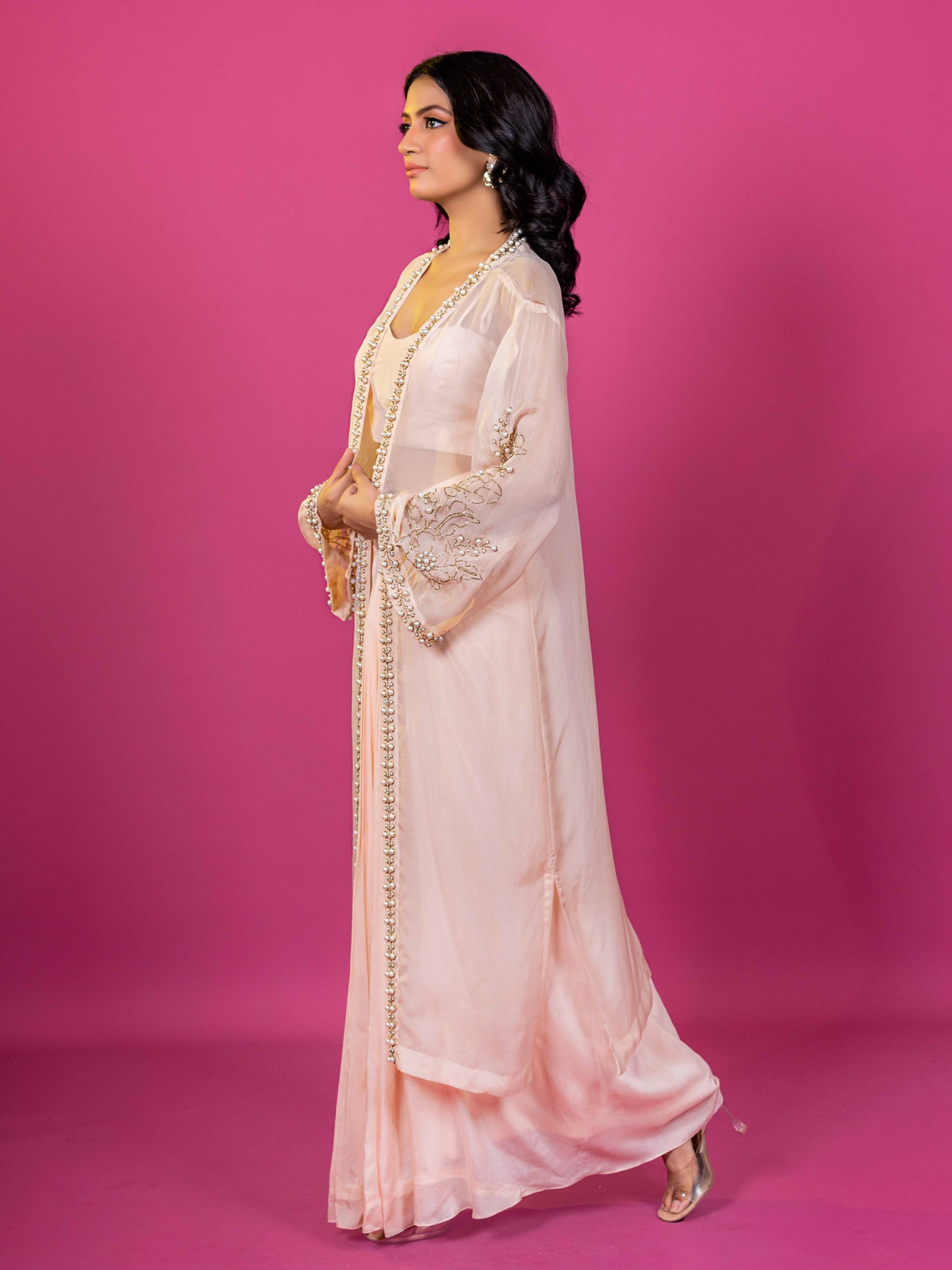 PEACH  EMBROIDERED ORGANZA SHRUG WITH MUSLIN DRAPPED SKIRT CO-ORD SET (SET OF 3)