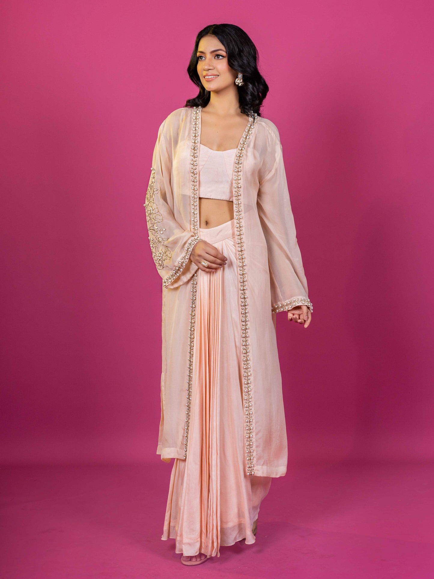 PEACH  EMBROIDERED ORGANZA SHRUG WITH MUSLIN DRAPPED SKIRT CO-ORD SET (SET OF 3)