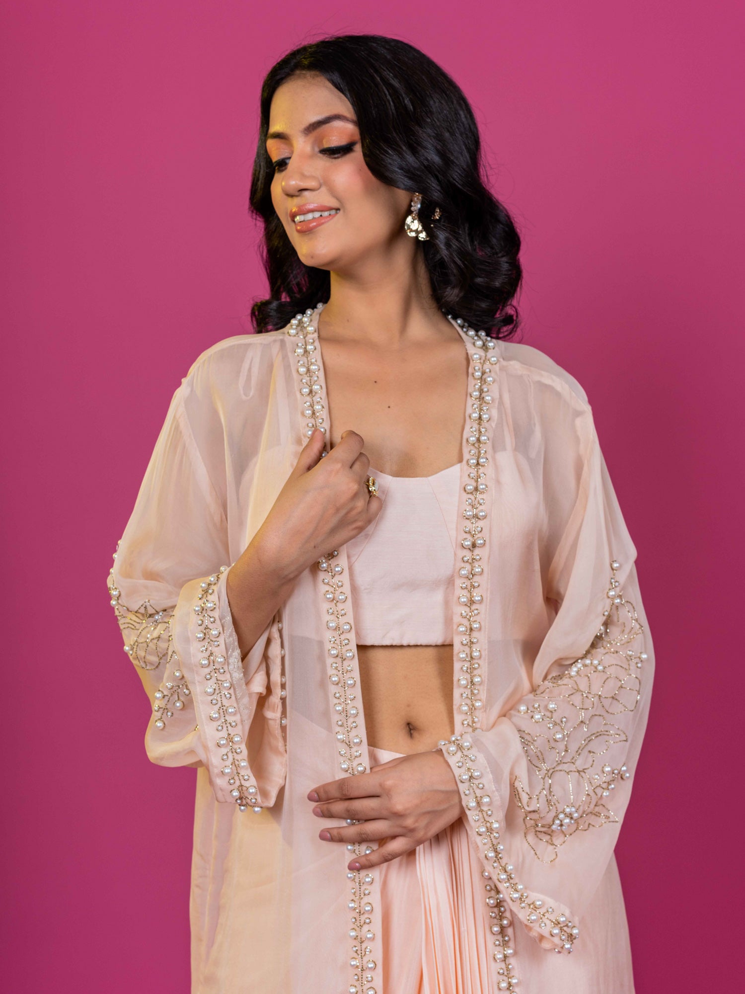 PEACH  EMBROIDERED ORGANZA SHRUG WITH MUSLIN DRAPPED SKIRT CO-ORD SET (SET OF 3)