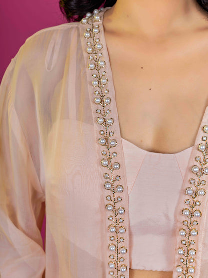 PEACH  EMBROIDERED ORGANZA SHRUG WITH MUSLIN DRAPPED SKIRT CO-ORD SET (SET OF 3)