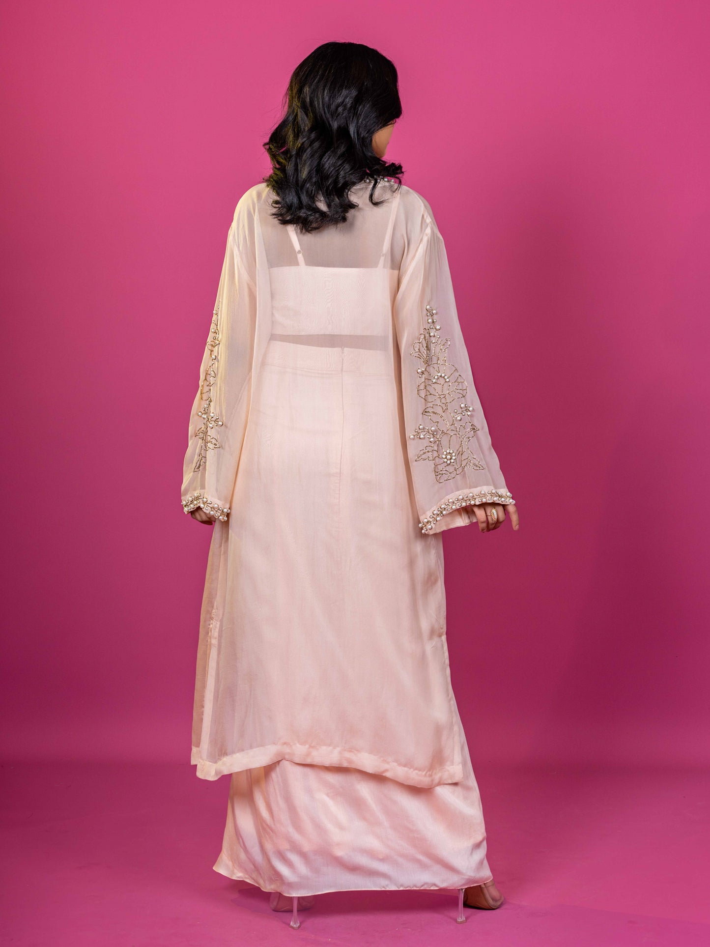 PEACH  EMBROIDERED ORGANZA SHRUG WITH MUSLIN DRAPPED SKIRT CO-ORD SET (SET OF 3)