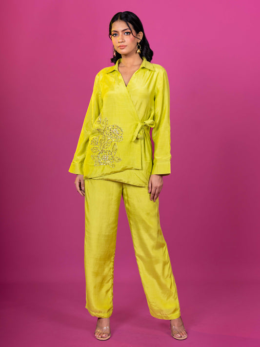 LIME YELLOW MUSLIN HAND EMBROIDERED TIE UP TOP CO-ORD SET (SET OF 2)