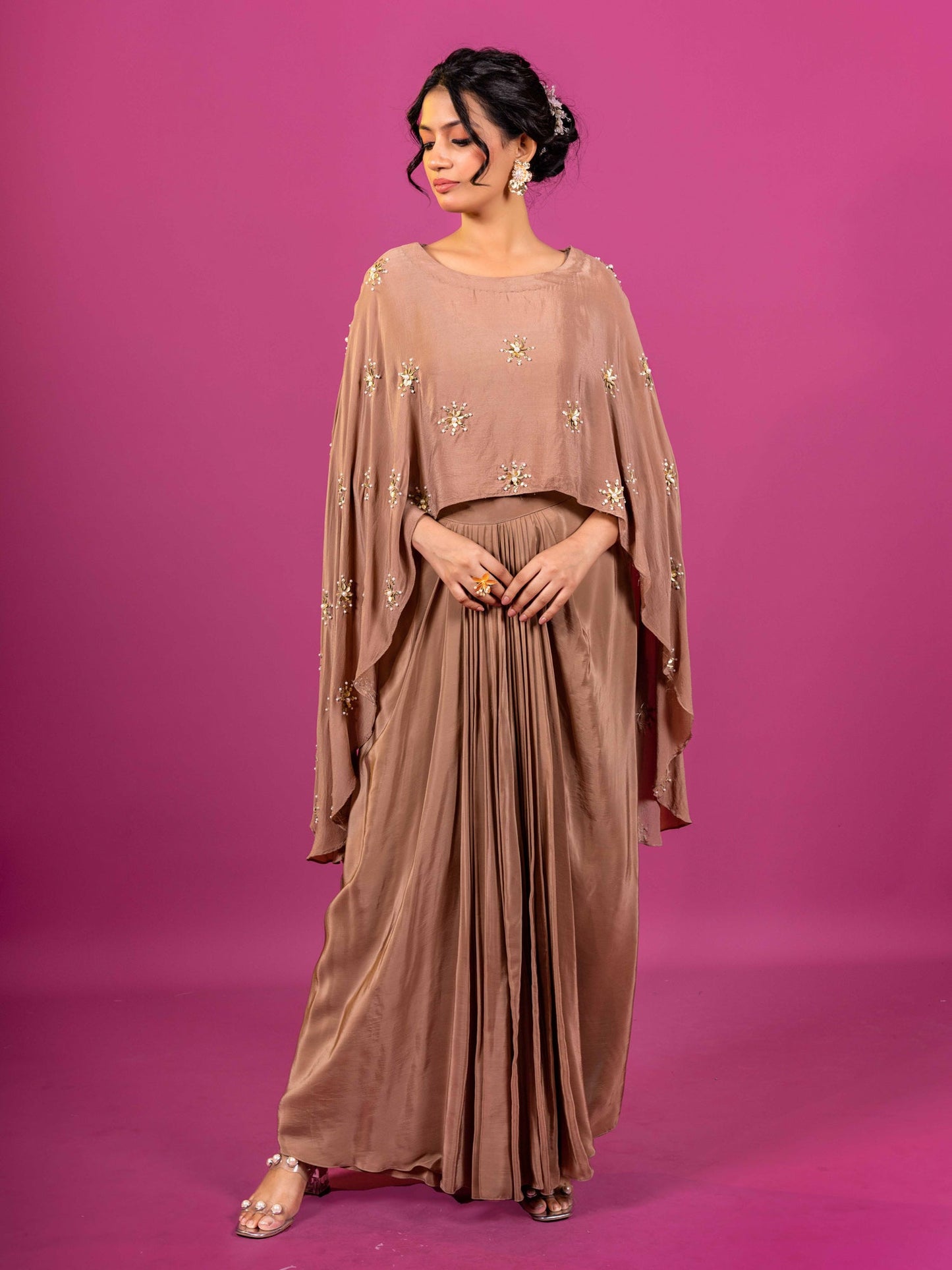 BRWON CRAPE HAND-EMBROIDERED DRAPED SKIRT SET (SET OF 2)