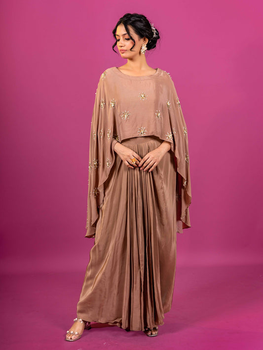BRWON CRAPE HAND-EMBROIDERED DRAPED SKIRT SET (SET OF 2)