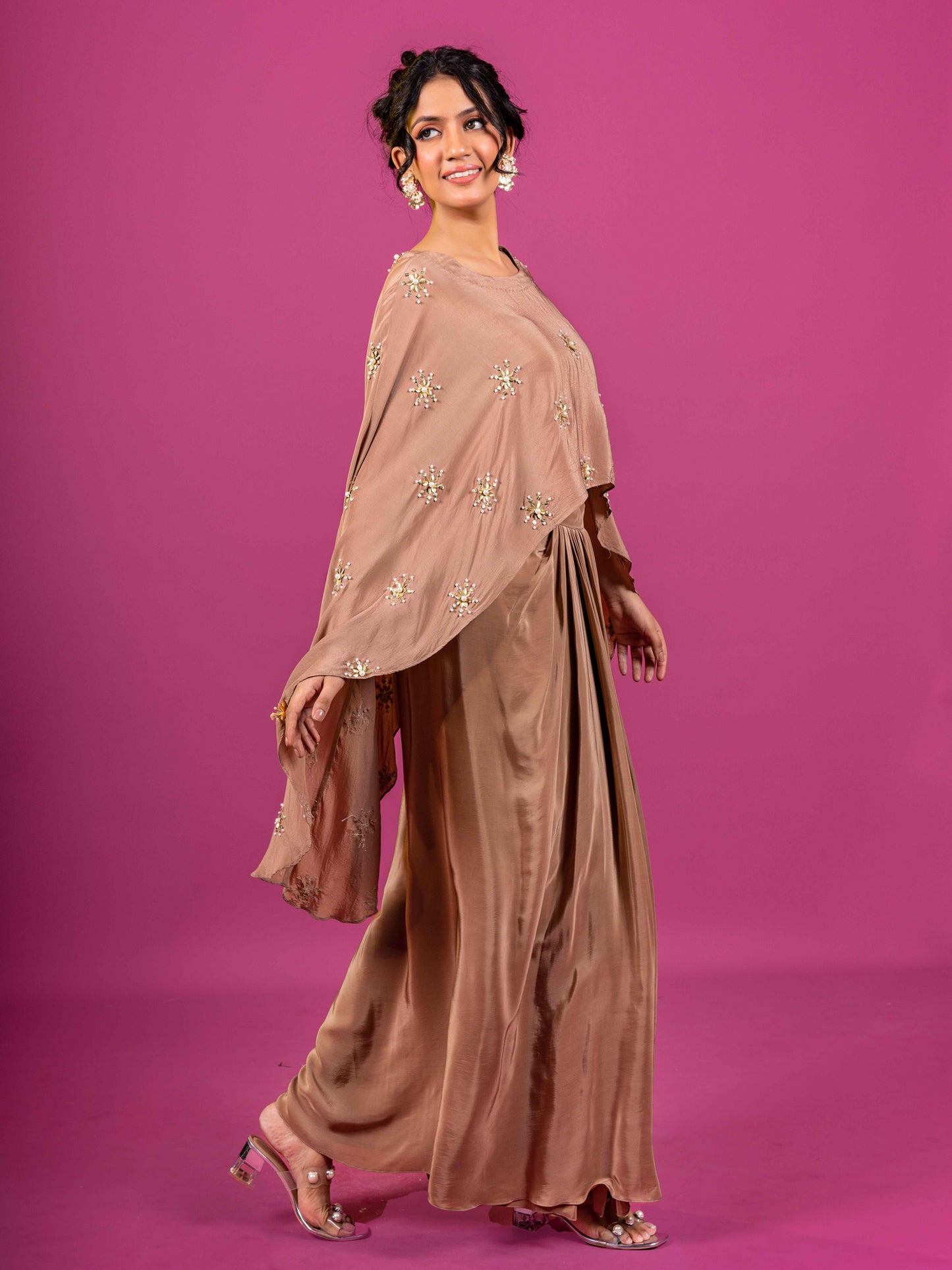 BRWON CRAPE HAND-EMBROIDERED DRAPED SKIRT SET (SET OF 2)