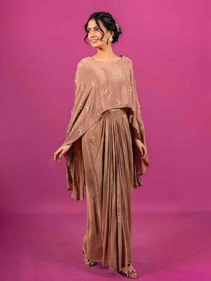 BRWON CRAPE HAND-EMBROIDERED DRAPED SKIRT SET (SET OF 2)