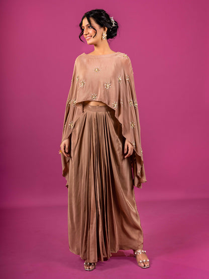 BRWON CRAPE HAND-EMBROIDERED DRAPED SKIRT SET (SET OF 2)