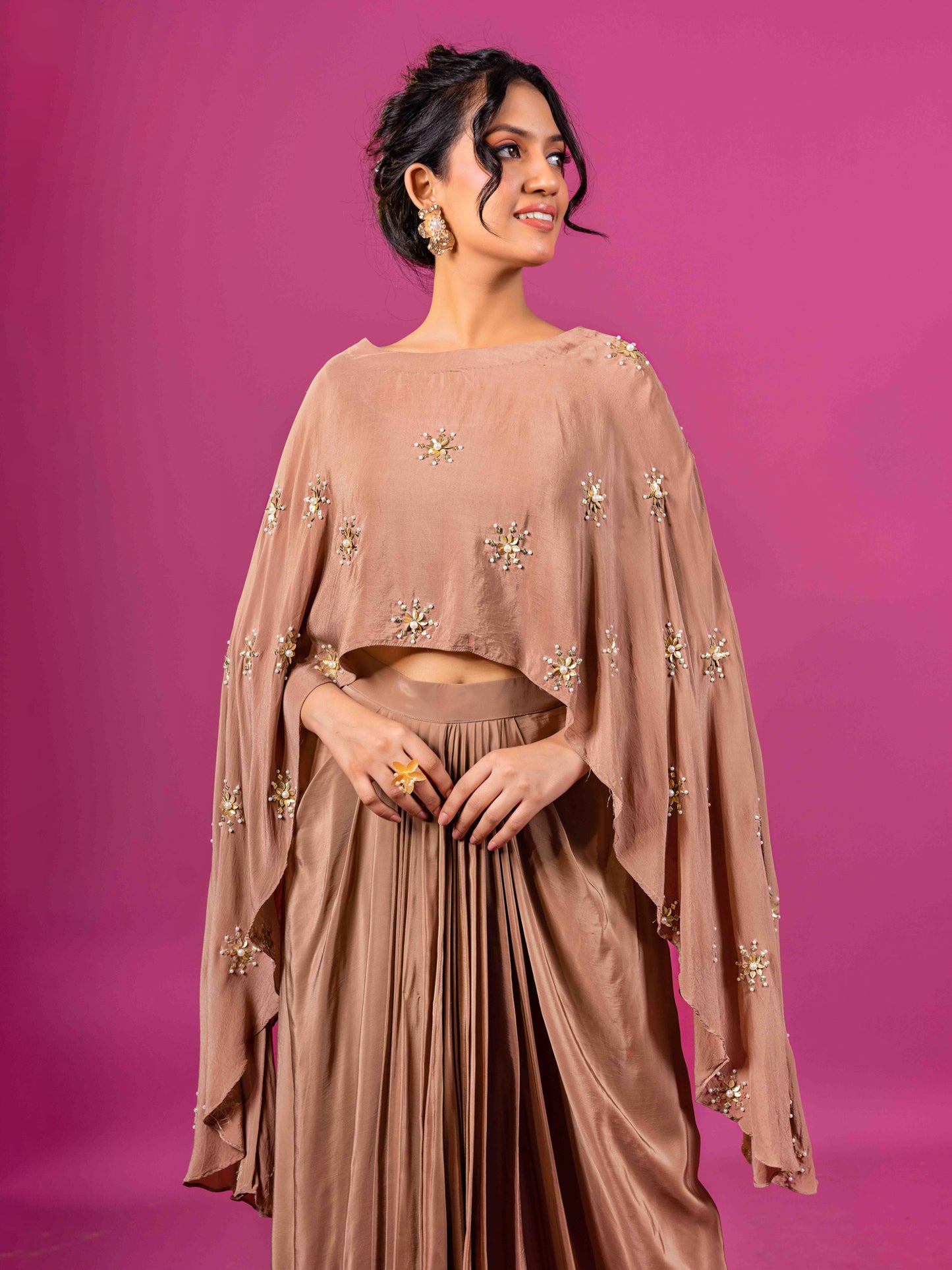 BRWON CRAPE HAND-EMBROIDERED DRAPED SKIRT SET (SET OF 2)