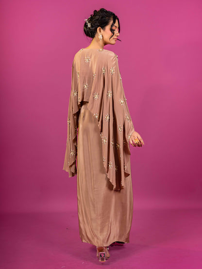 BRWON CRAPE HAND-EMBROIDERED DRAPED SKIRT SET (SET OF 2)