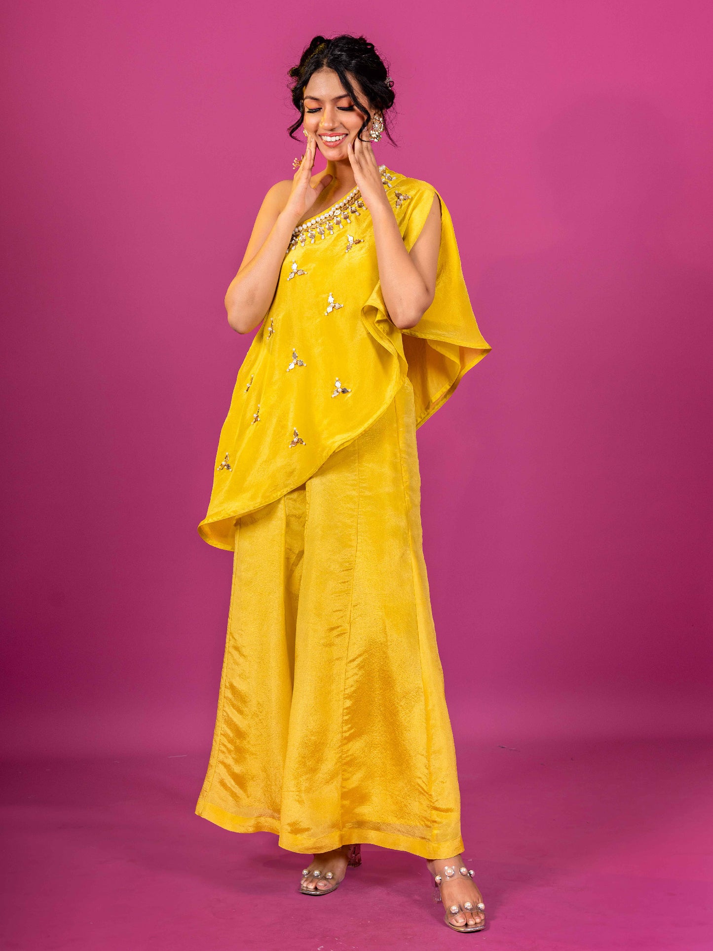 PINK MUSLIN HAND EMBROIDERED ASYMMETRIC KURTA CO-ORD SET (SET OF 2)