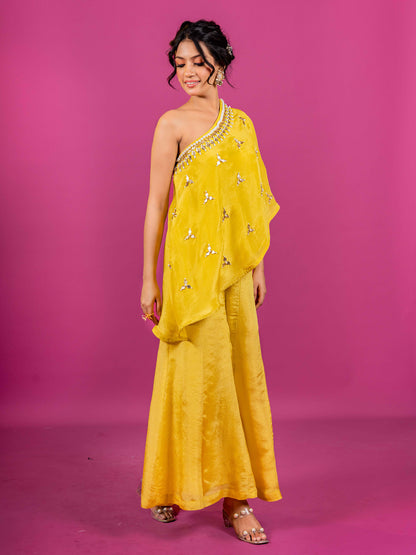 PINK MUSLIN HAND EMBROIDERED ASYMMETRIC KURTA CO-ORD SET (SET OF 2)