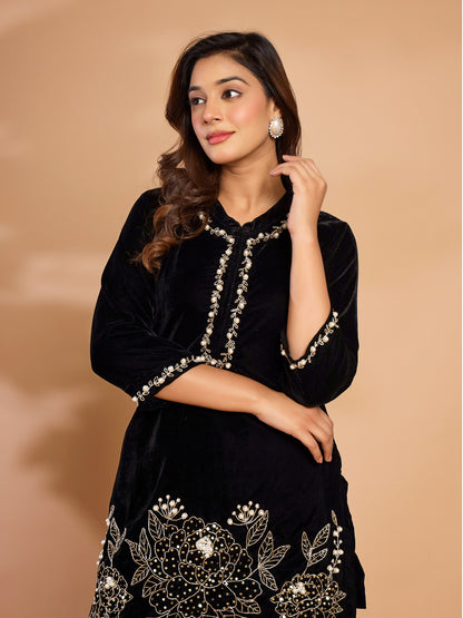 Black Velvet Kurta Pant Co-Ord Set