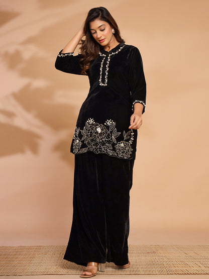 Black Velvet Kurta Pant Co-Ord Set