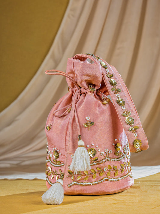 Red Charkha Silk Potli with Hand Embroidery