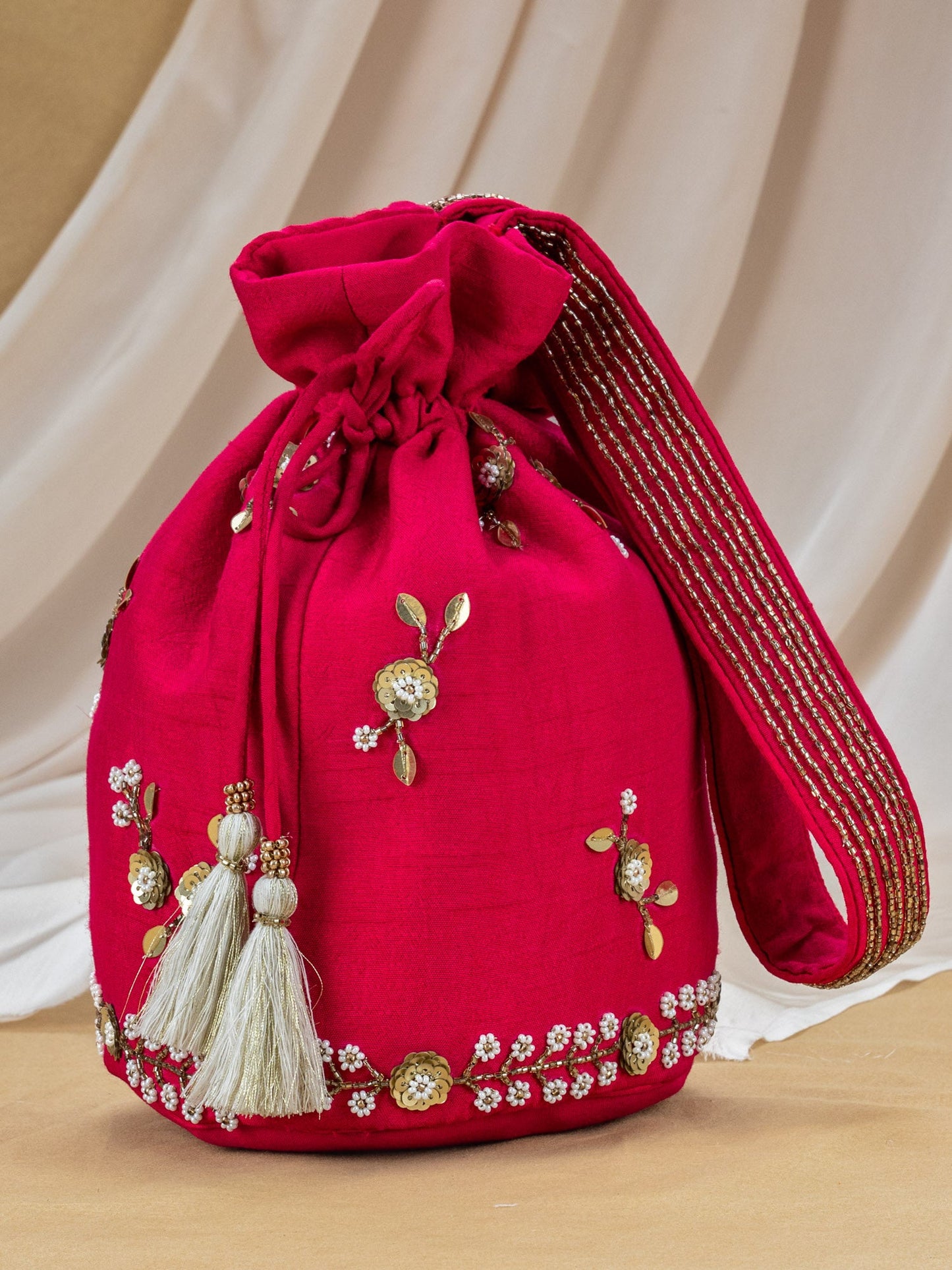Red Charkha Silk Potli with Hand Embroidery