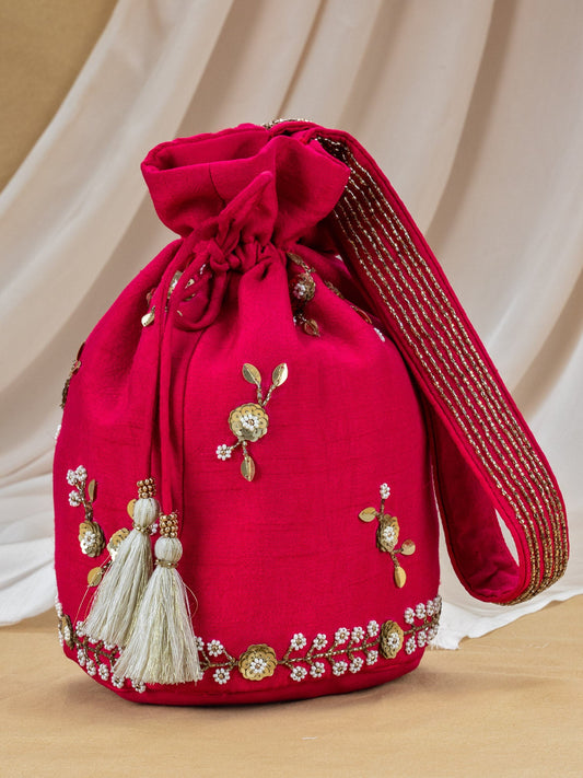 Red Charkha Silk Potli with Hand Embroidery
