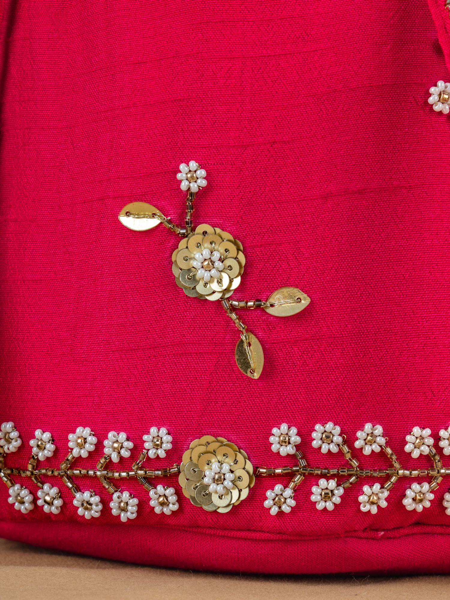 Red Charkha Silk Potli with Hand Embroidery