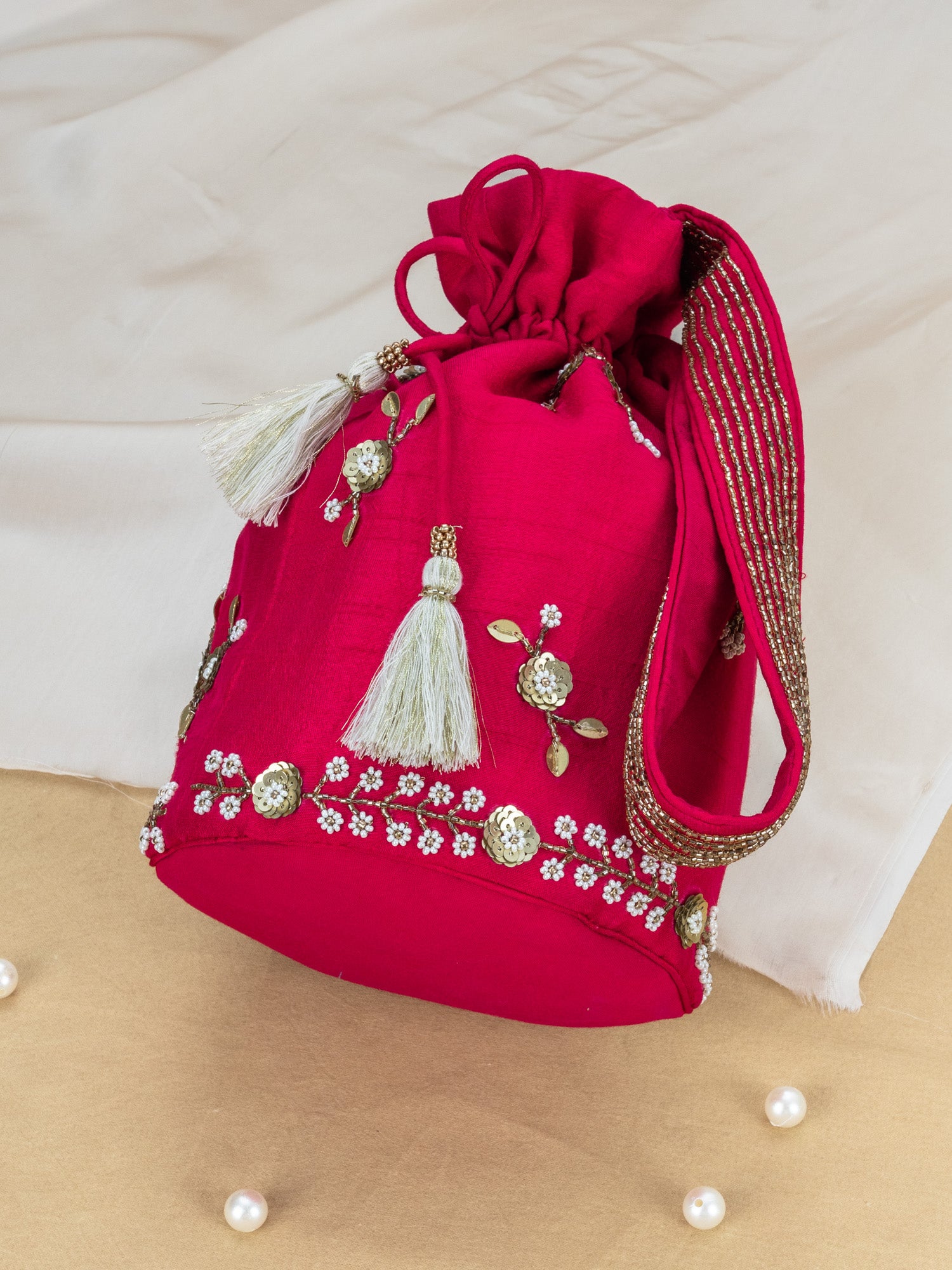 Red Charkha Silk Potli with Hand Embroidery