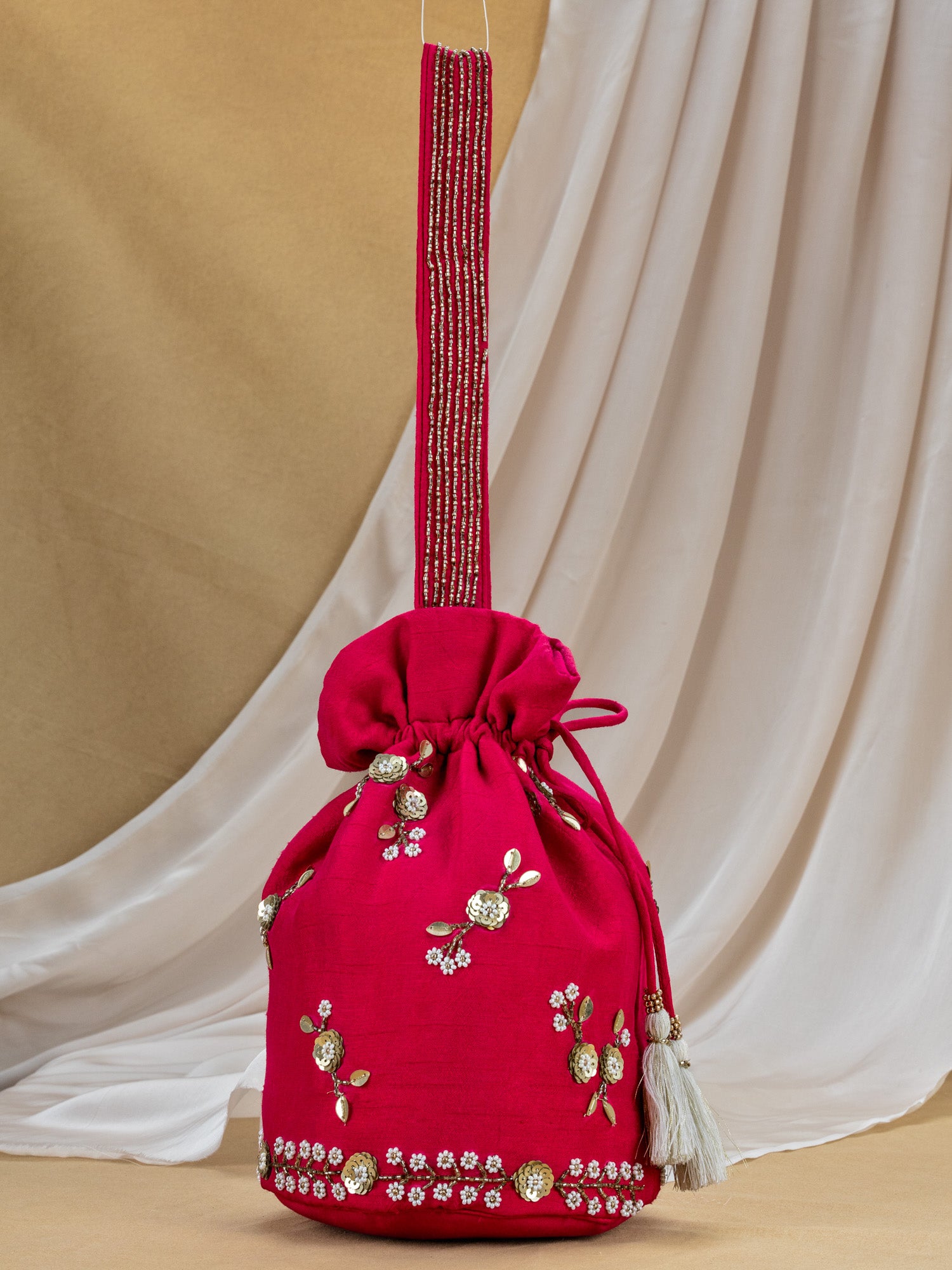 Red Charkha Silk Potli with Hand Embroidery