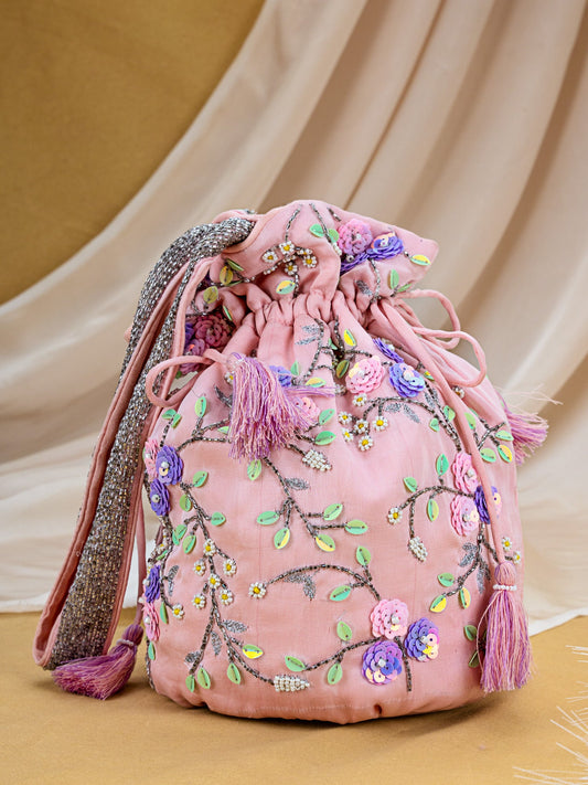Pink Satin Potli with Hand Embroidery