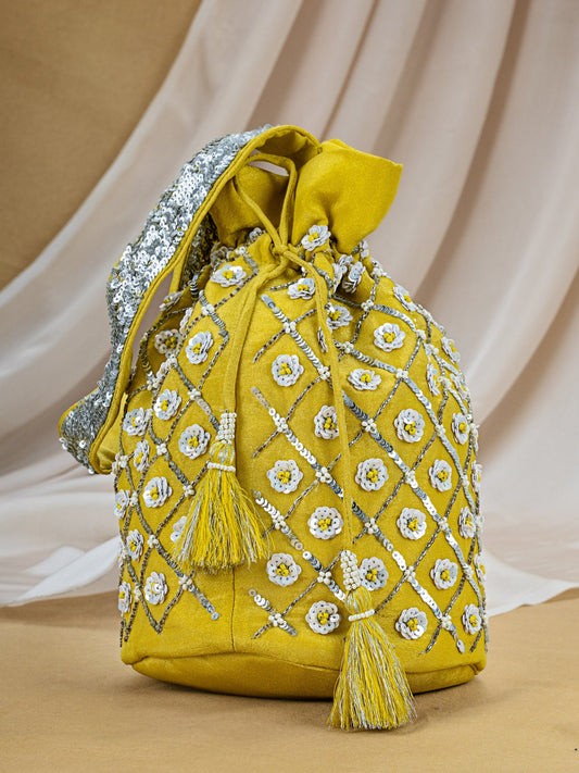 Yellow Tissue Potli with Hand Embroidery