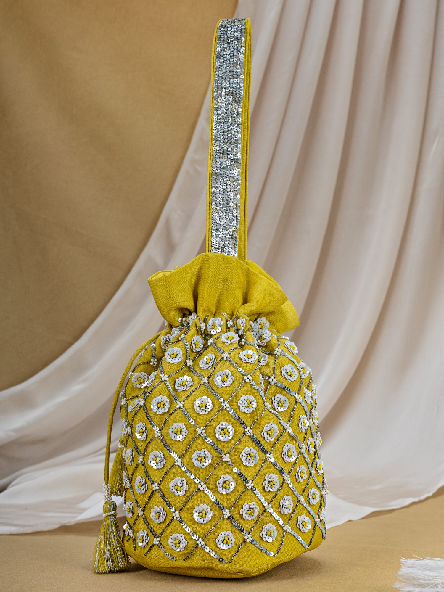 Yellow Tissue Potli with Hand Embroidery
