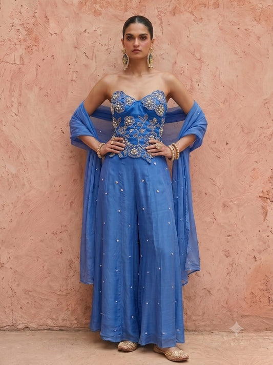 Blue Corset Set With Flared Pants