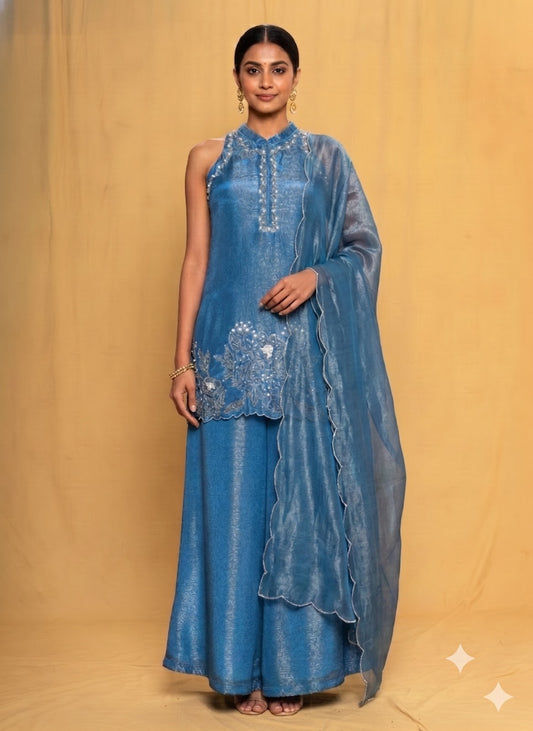 Blue Halter Neck Kurta Pants Set With Dupatta